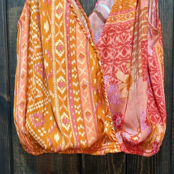 Free People Tied To You Top M Orange Pink Floral Boho Tribal Tie Straps V-neck - Picture 3 of 9